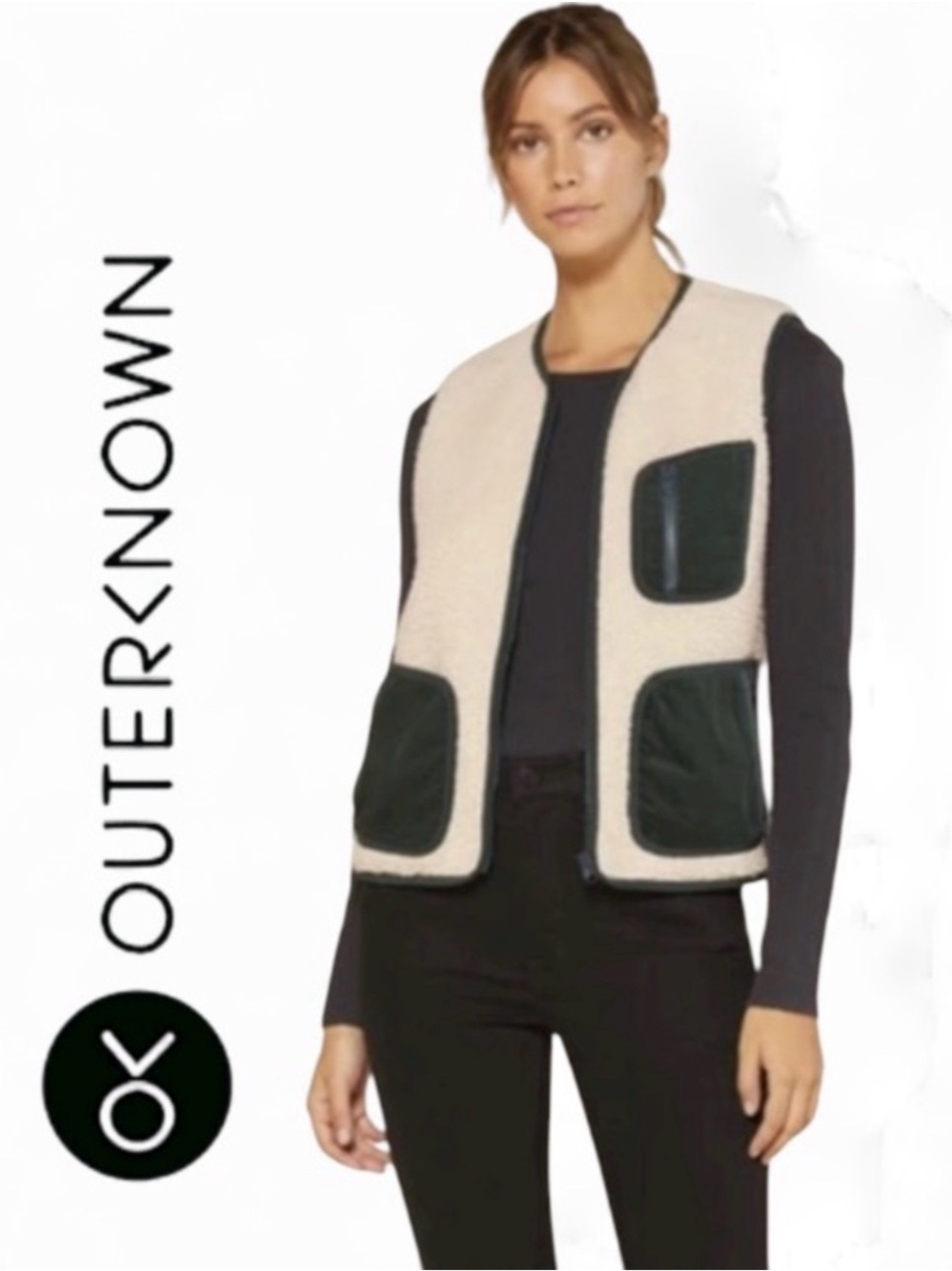 Outerknown Windrift Sherpa Cream and Green Zip Vest Size S